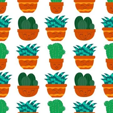 Flat seamless pattern. Hand drawn cactus plant. Cactus fabric pattern, cute p Stock Illustration