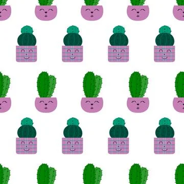 Flat seamless pattern. Hand drawn cactus plant. Cactus fabric pattern, cute p Stock Illustration
