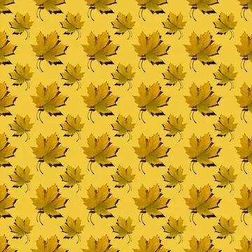 Flat seamless pattern of maple leaves on a yellow background Foto stock