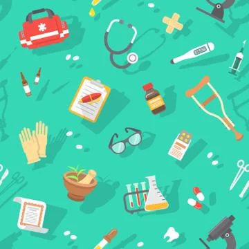 Flat seamless pattern with medicine icons Stock Illustration