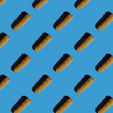 Flat seamless pattern of peeled corn on a blue background Stock Photos