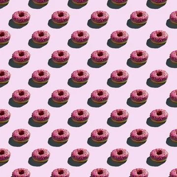 Flat seamless pattern of pink donuts on a warm background Stock-Fotos