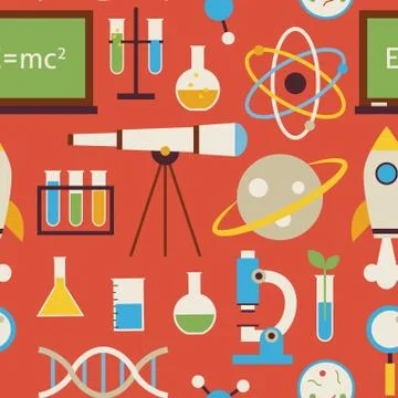 Flat Seamless Pattern Science and Education Objects over Red イラスト素材