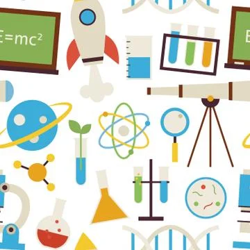 Flat Seamless Pattern Science and Education Objects over White Illustrazione stock
