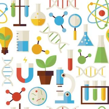 Flat Seamless Pattern Science and Research Objects over White Stock Illustration