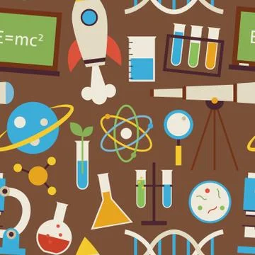 Flat Seamless Pattern Science and Education Objects over Brown Stock Illustration