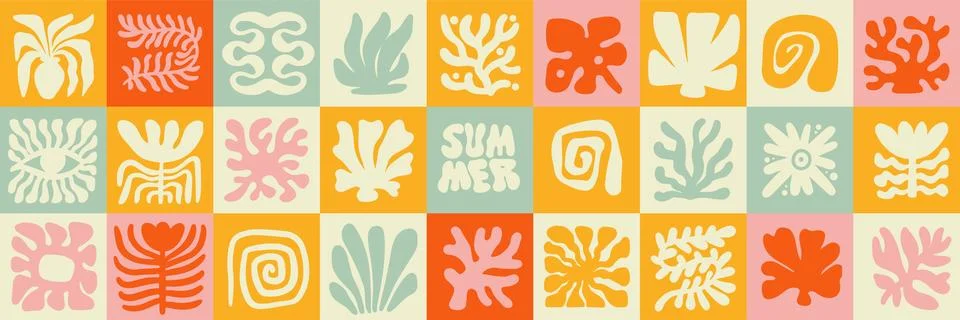 Flat seamless pattern in simple floral wavy and groovy naive style, ocean and Stock Illustration