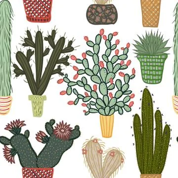 Flat seamless pattern with succulent plants and cactuses in pots. Stock Illustration