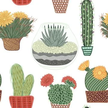 Flat seamless pattern with succulent plants and cactuses in pots Stock Illustration