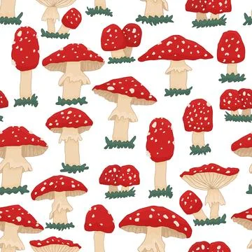 Flat seamless pattern of toxic amanita death cap on white background. Vector Stock Illustration