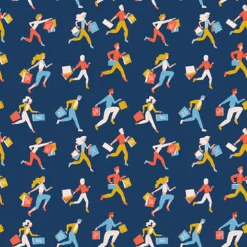 Flat seamless pattern of trendy running girls and boys carrying shopping bags Illustrazione stock