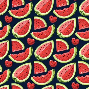 Flat Seamless Pattern with Watermelon Slices. Bright Summer Fruit Design for Stock Illustration