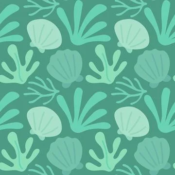 Flat seaweed and shell graphics in calming green hues form a seamless oceanic Stockillustratie