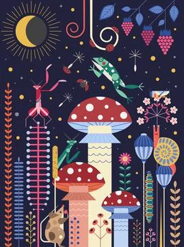 Flat Secret Microscopic World in Magical Forest Stock Illustration