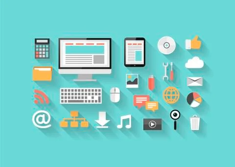 Flat seo, development, social media and computer icons. Illustrazione stock