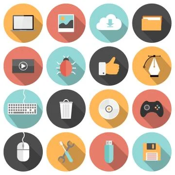 Flat seo, development, social media and computer icons. 스톡 일러스트