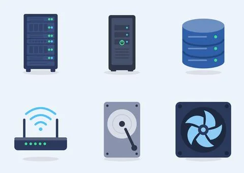 Flat server rack icon set with tower computer, database, wifi router, hard disk Stock Illustration