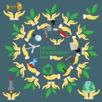 Flat set 1 of elements for design palm holds various items of human activitie 스톡 일러스트