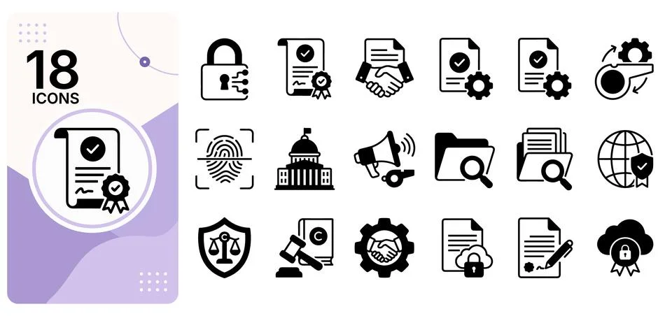 Flat set of 18 black and white icons representing legal, security, and docu.. Stock Illustration
