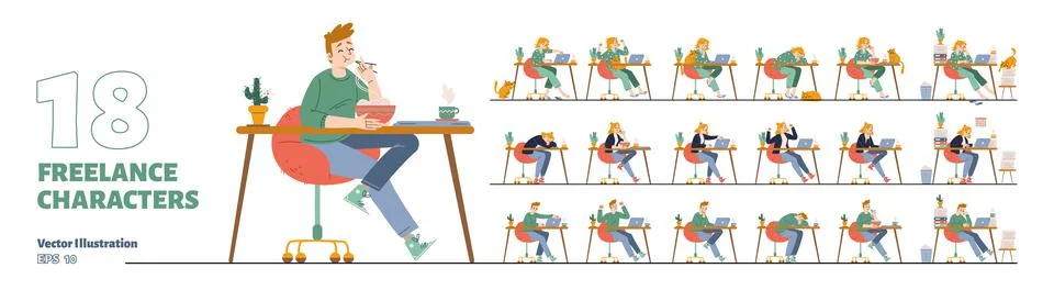 Flat set of 18 freelance characters on white Illustrazione stock