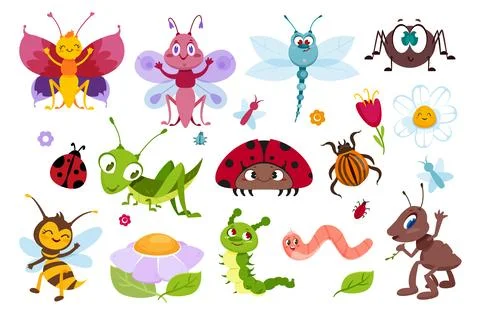 Flat set of cute insects, funny bugs and smiling beetles Stock Illustration