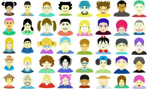 A flat set design illustration of various facial characters. Perfect for po.. Stock Illustration
