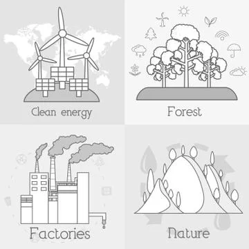 Flat set of ecology, environment, green clean energy and pollution backgrounds Stock Illustration