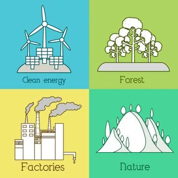 Flat set of ecology, environment, green clean energy and pollution backgrounds Stock Illustration