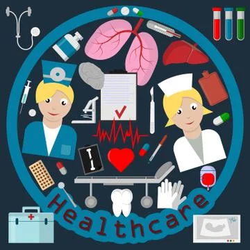 Flat set of elements for health care theme design in circular ornament Stock Illustration