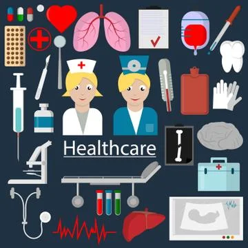Flat set of elements for healthcare care theme design Illustrazione stock