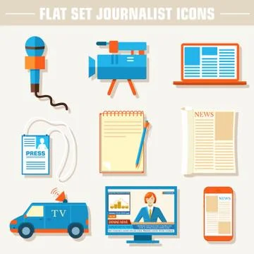 Flat set of equipment for journalism background concept Stock Illustration