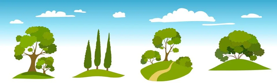 Flat set of groups of green trees on a blue sky Stock Illustration