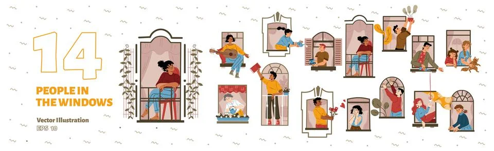 Flat set of happy people in windows Ilustração Stock