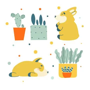 Flat set with happy small dog corgi, green cactuses. Stock Illustration