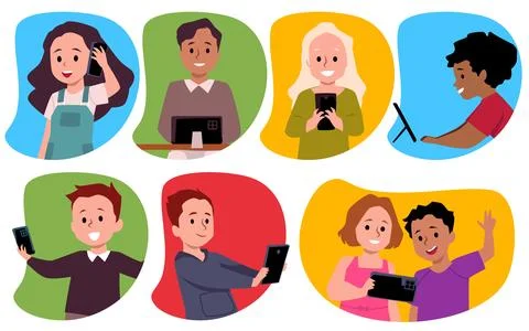 Flat set of icons depicting close-up of children with phones. Illustrazione stock