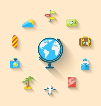 Flat set icons of globe and journey vacation, simple style with long shadow Stock Illustration