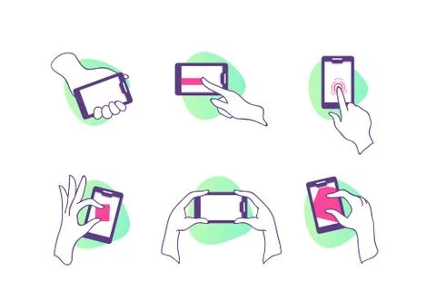 Flat set icons with hands with smartphone with touchscreen. Stock Illustration