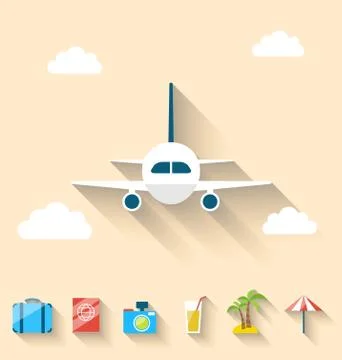 Flat set icons of planning summer vacation, simple style with long shadow Stock Illustration