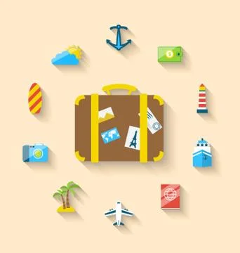 Flat set icons tourism objects and equipment with suitcase, long shadow style Stock Illustration