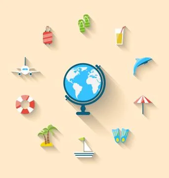 Flat set icons tourism objects and equipment with globe, long shadow style Stock Illustration