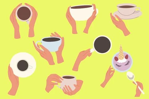 Flat set illustrations of hands holding cups. Vector icons isolated on gree.. Stock Illustration