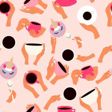 Flat set illustrations of hands holding cups. Vector icons isolated on gree.. Stock Illustration