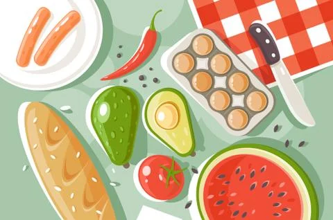Flat set picnic products with bread, watermelon,  egg, sausage, tomato, paper. Stock Illustration