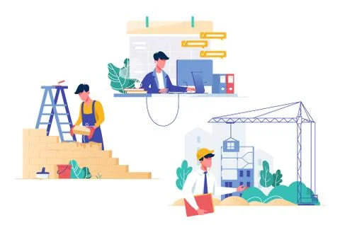 Flat set with programmer, builder and architect professions. Stock Illustration