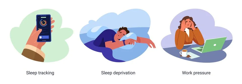 Flat set of sleep tracking and deprivation, work pressure Stock Illustration