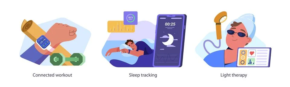 Flat set of sleep tracking, light therapy and connected workout Stock Illustration