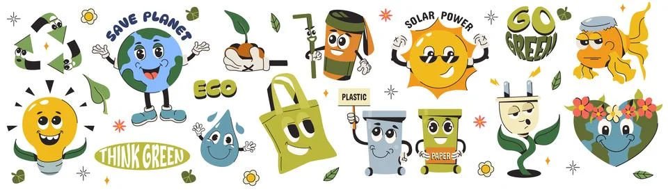 Flat set stickers of save the planet in trendy groovy style Stock Illustration