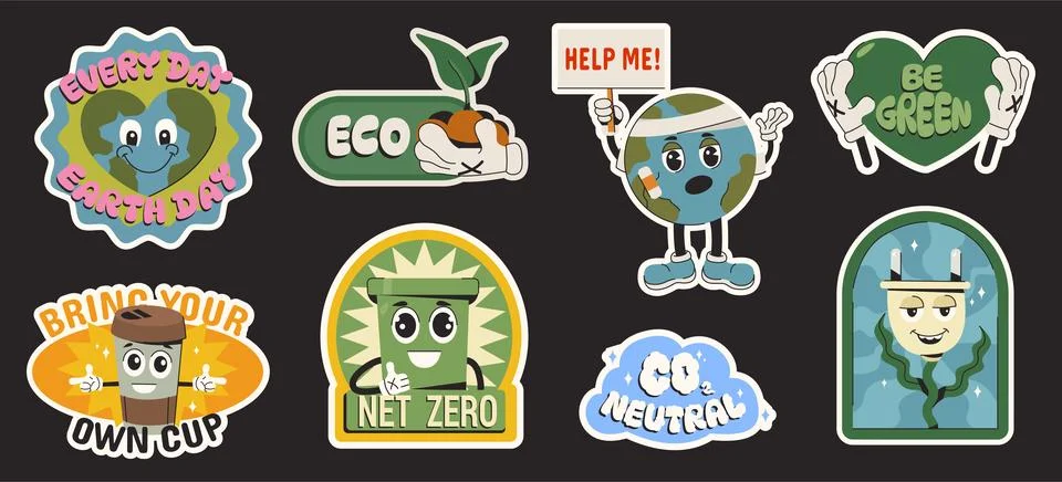 Flat set stickers of save the planet in trendy groovy style Stock-Illustration