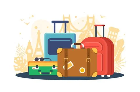 Flat set suitcases on background of attractions. Stock Illustration