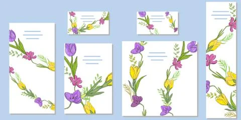 Flat set of vector templates from spring flowers. Design of cards, greetings. イラスト素材